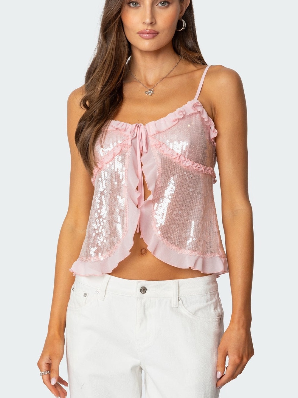 Edikted Sequin Ruffled Split Front Top
